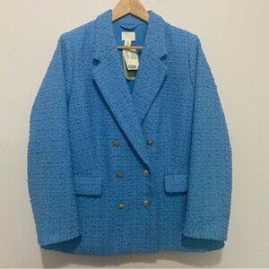 H&M Blue Tweed Double Breasted Blazer Jacket Women's Large Button Office New